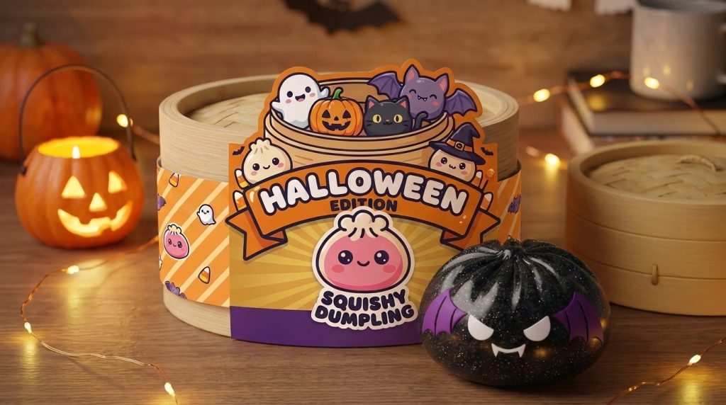 Bat Halloween Dumpling Squishy Glitter Musta Lepakko arkisessa asetelmassa