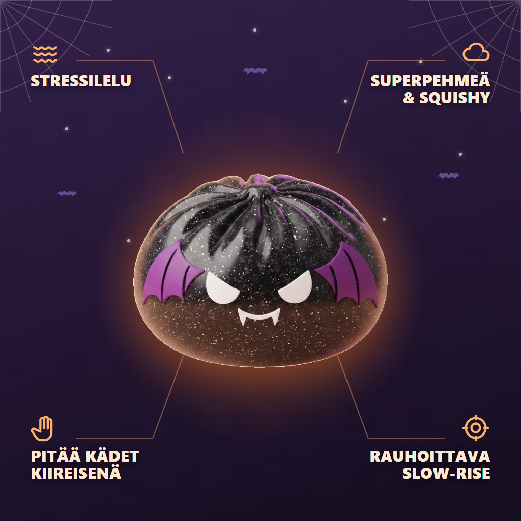 Bat Halloween Dumpling Squishy Glitter Musta Lepakko infografiikka: tärkeimmät edut