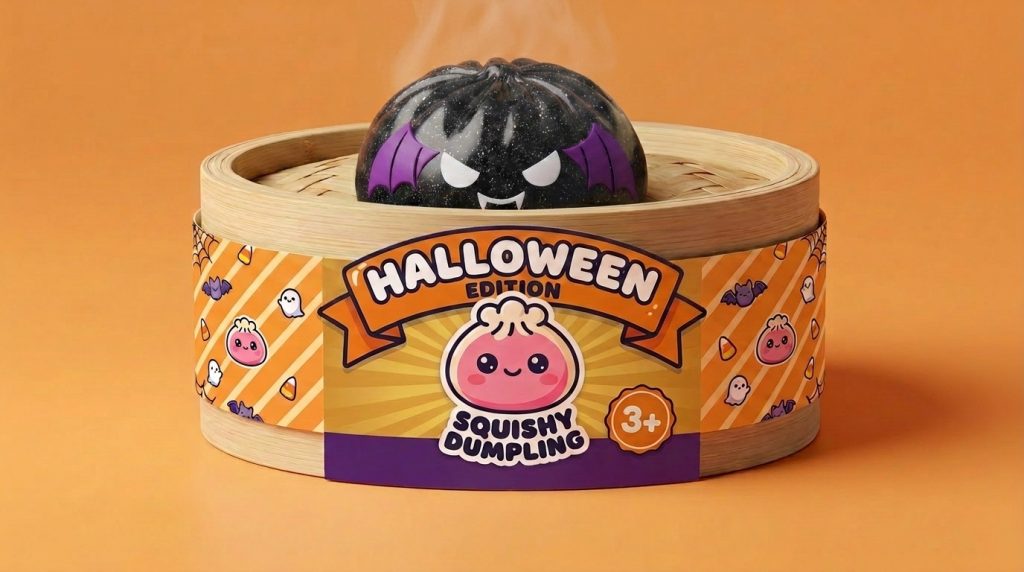 Bat Halloween Dumpling Squishy Glitter Musta Lepakko bambutyylisessä höyrytyskorissa