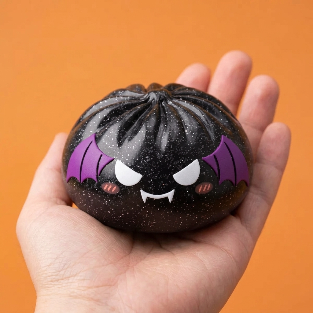 Bat Halloween Dumpling Squishy Glitter Musta Lepakko kädessä — kokovertailu