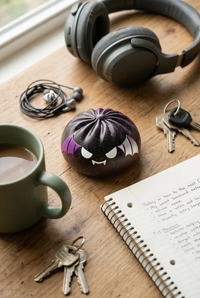 Bat Halloween Dumpling Squishy Glitter Musta Lepakko työpöydällä