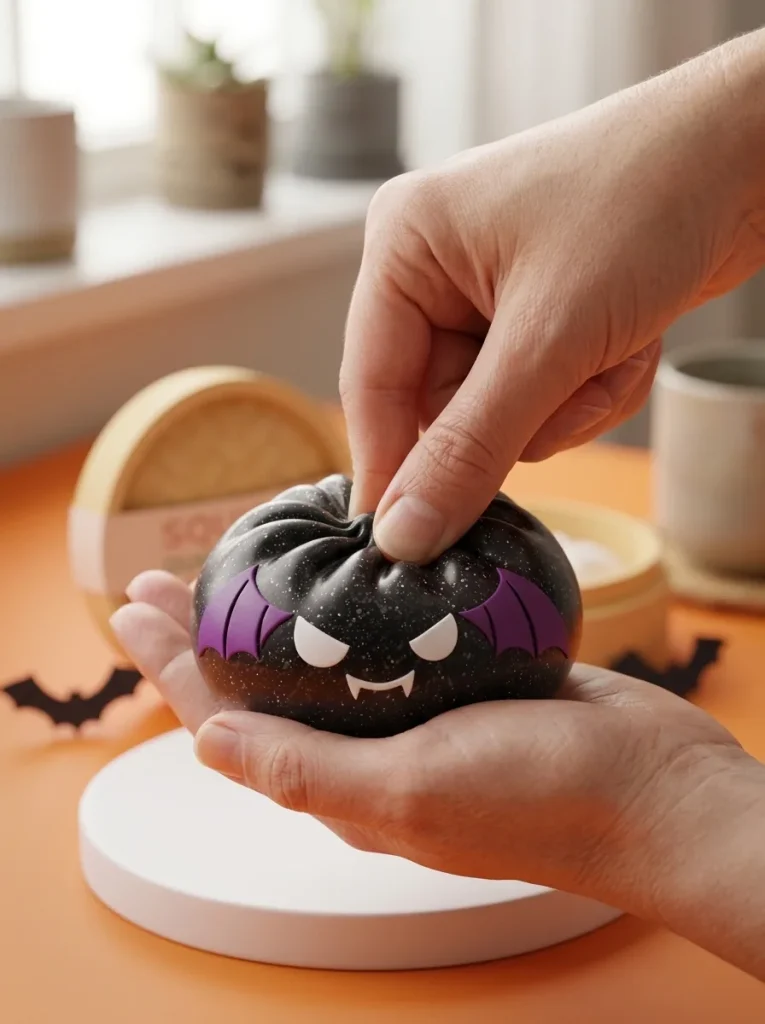 Bat Halloween Dumpling Squishy Glitter Musta Lepakko puristuksessa