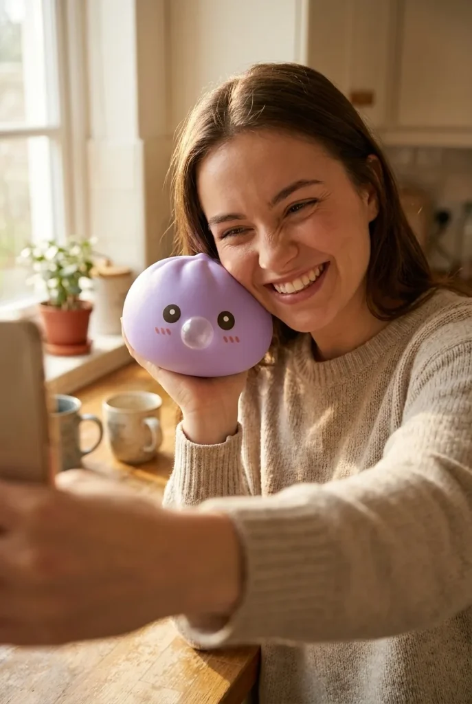 Big Dumpling Squishy Meren Sininen kasvojen lähellä — asiakaskuva