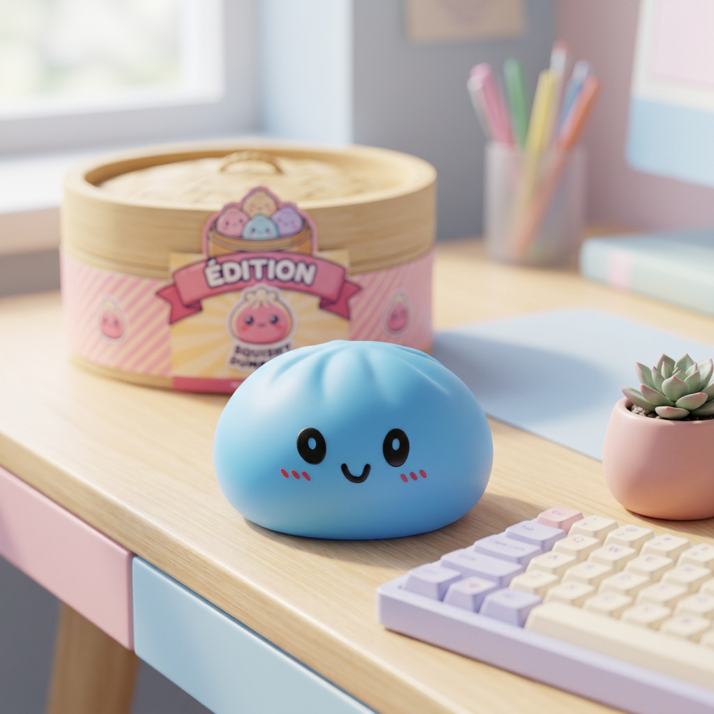 Dumpling Squishy Meren Sininen tunnelmakuvassa työpöydällä