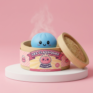 Dumpling Squishy Meren Sininen bambutyylisessä höyrytyskorissa