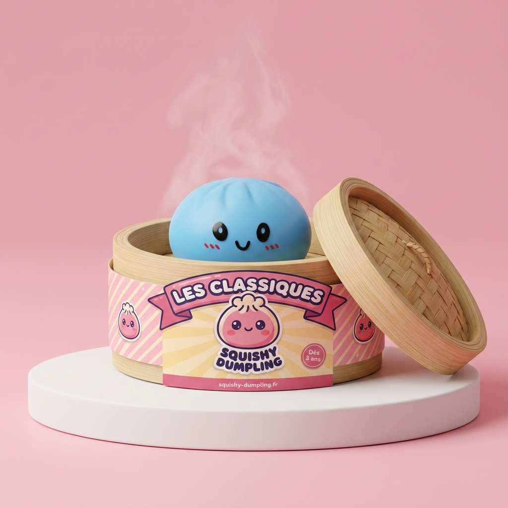 Dumpling Squishy Meren Sininen bambutyylisessä höyrykorirasiassaan
