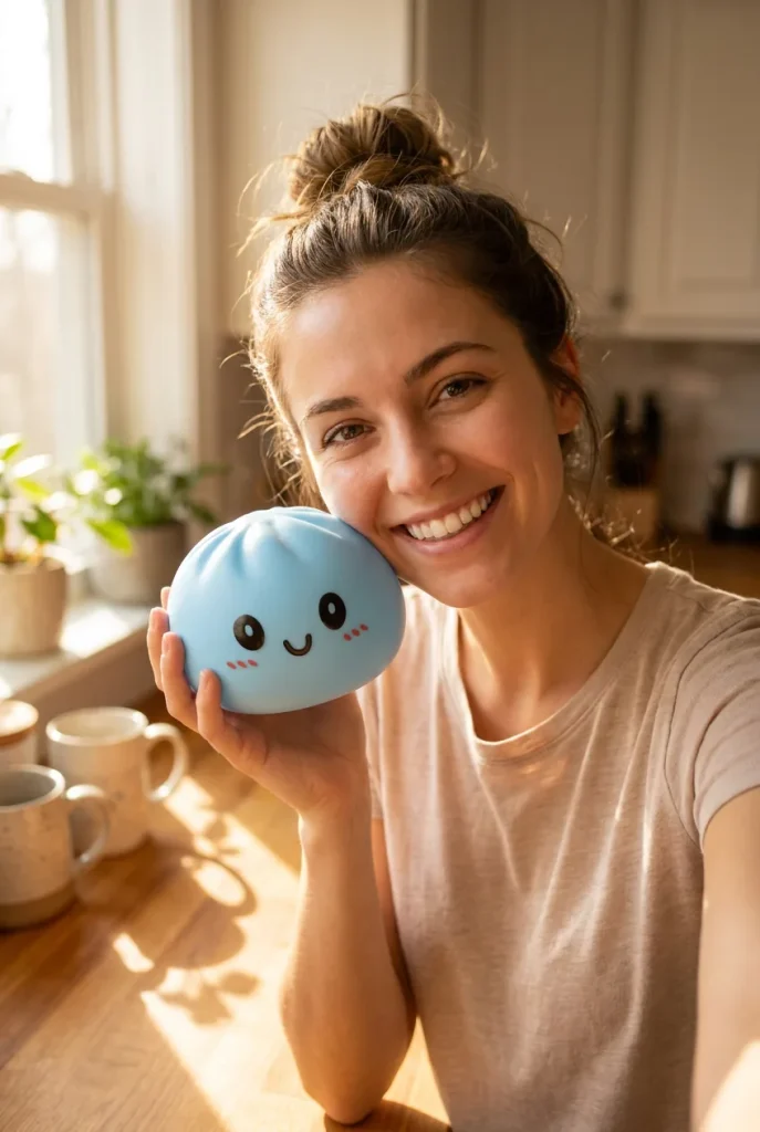 Dumpling Squishy Meren Sininen kasvojen lähellä — asiakaskuva