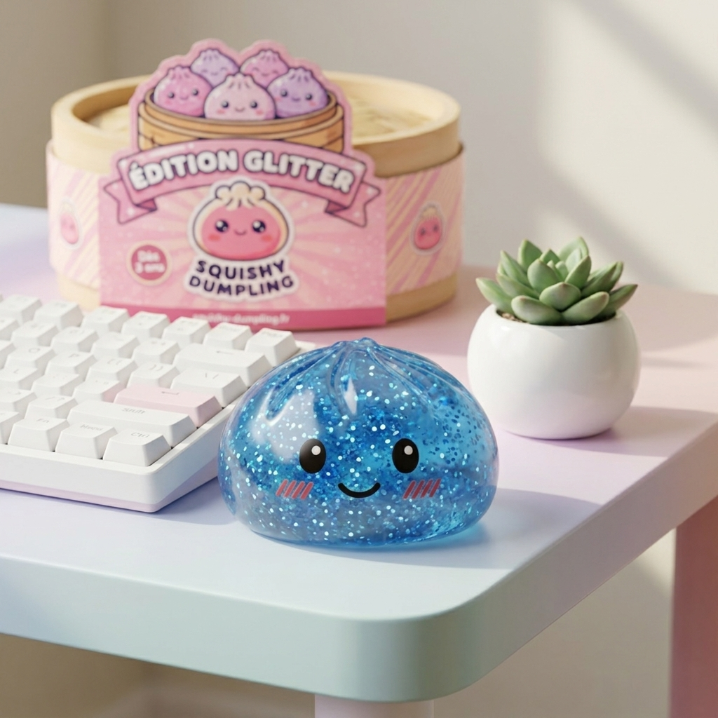 Glitter Dumpling Squishy Sininen Rauha tunnelmakuvassa työpöydällä