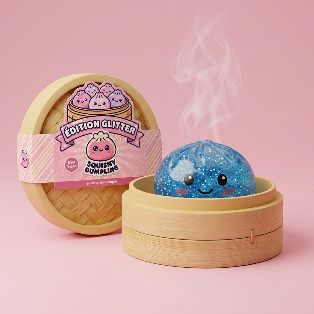 Glitter Dumpling Squishy Sininen Rauha bambutyylisessä höyrykorirasiassaan