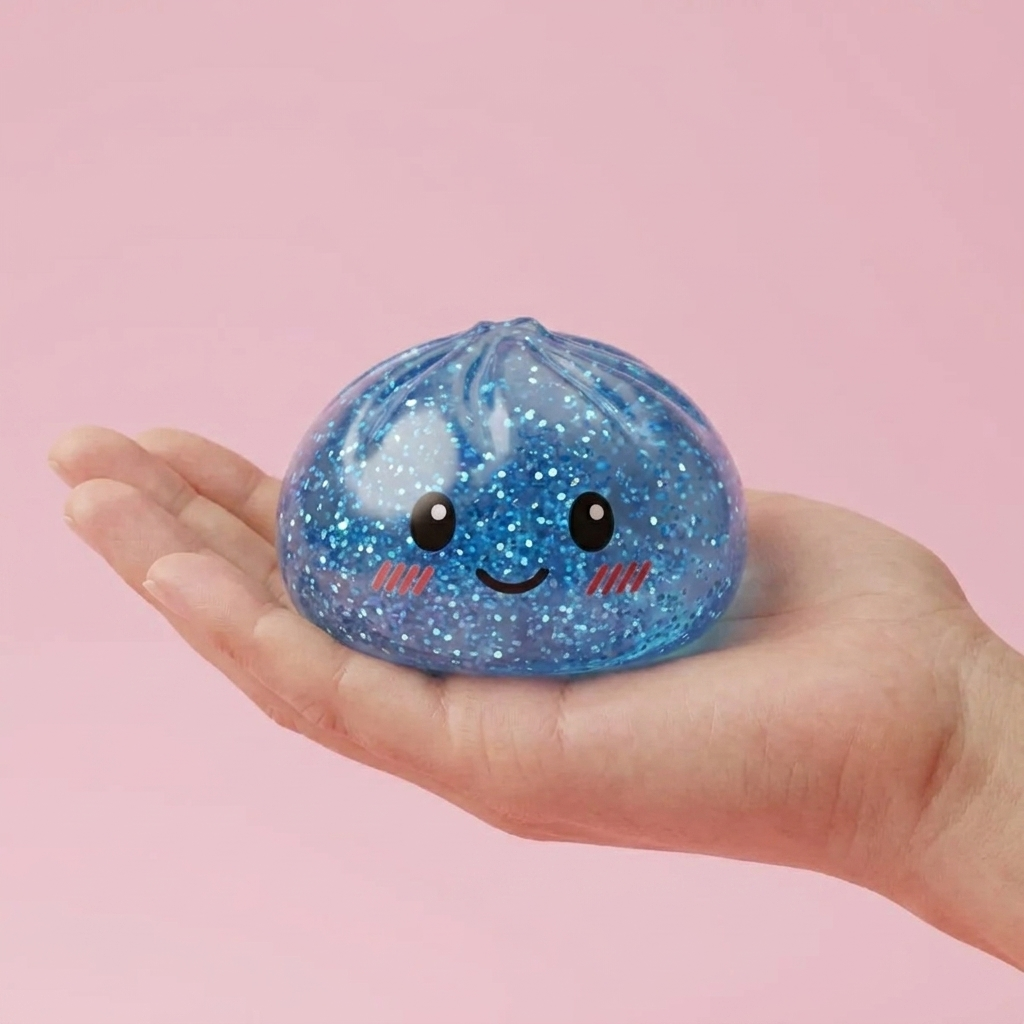 Glitter Dumpling Squishy Sininen Rauha kädessä, todellinen koko