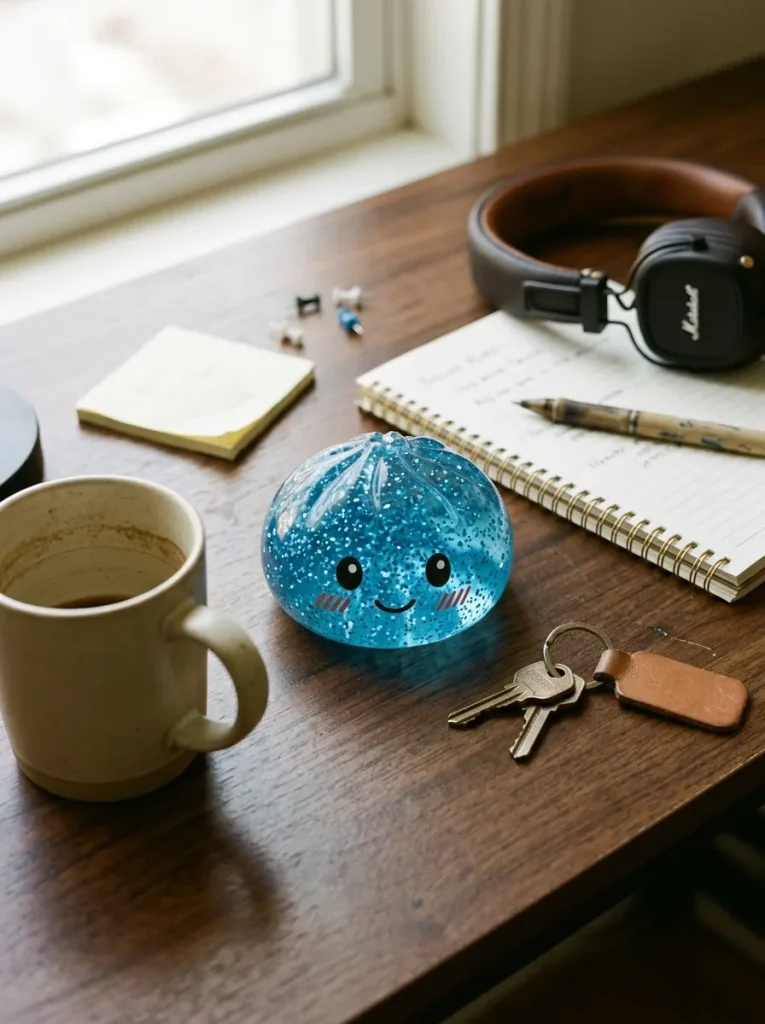Glitter Dumpling Squishy Sininen Rauha työpöydällä — asiakaskuva