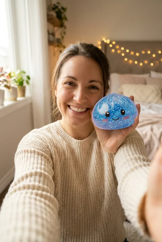 Glitter Dumpling Squishy Sininen Rauha kasvojen lähellä — asiakaskuva