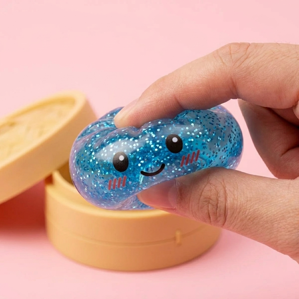 Glitter Dumpling Squishy Sininen Rauha — slow-rise-efekti, vaahto palautuu muotoonsa