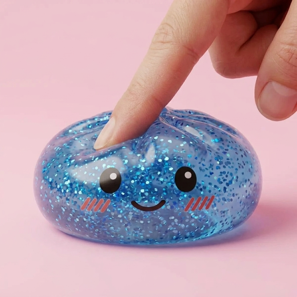 Glitter Dumpling Squishy Sininen Rauha puristettuna kädessä, squishy-materiaali