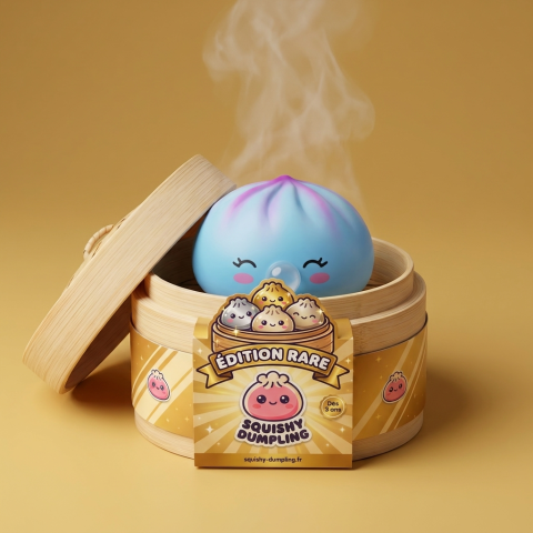 Dumpling Squishy Frost Blue Rare Blow -keräilyharvinaisuus bambutyylisessä höyrykorirasiassaan