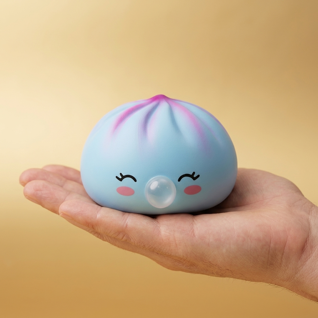 Dumpling Squishy Frost Blue Rare Blow -keräilyharvinaisuus kädessä, todellinen koko