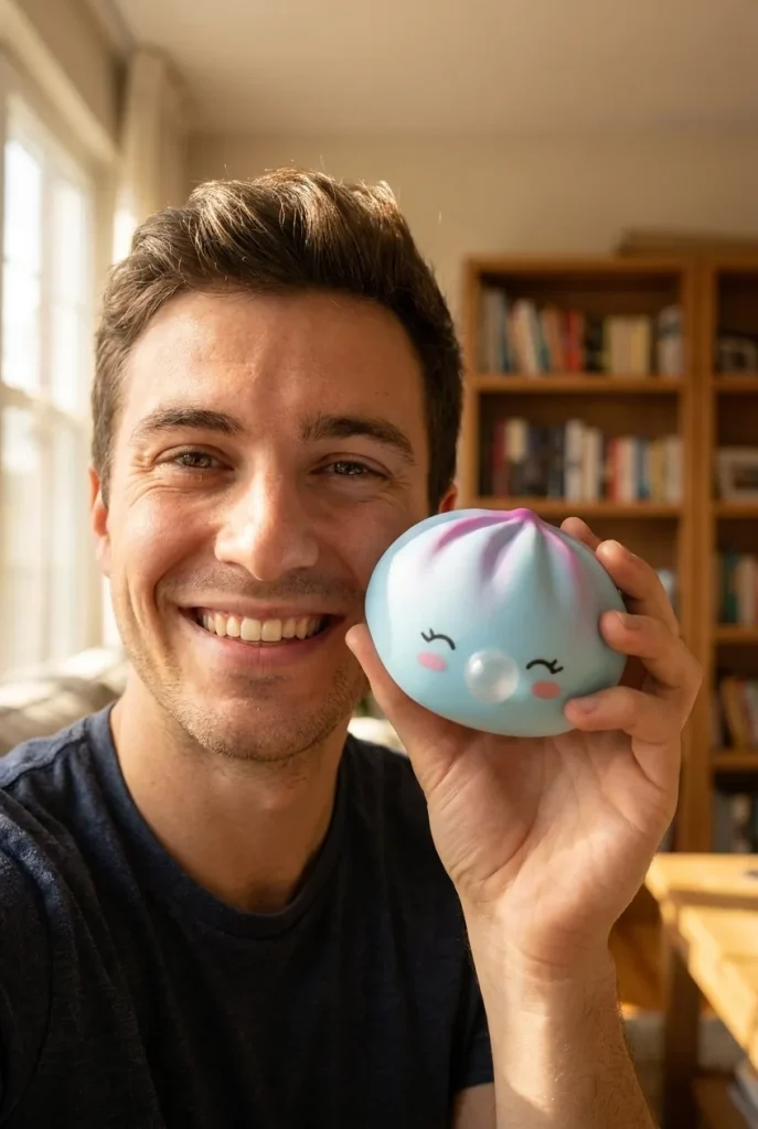 Dumpling Squishy Frost Blue Rare Blow -keräilyharvinaisuus kasvojen lähellä — asiakaskuva