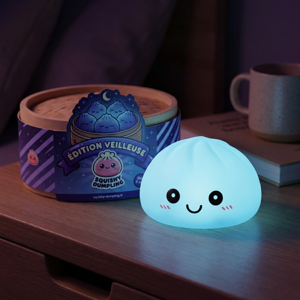 Dumpling Squishy -yövalo, Aurora-sininen tunnelmakuvassa työpöydällä