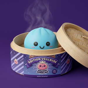 Dumpling Squishy -yövalo, Aurora-sininen bambutyylisessä höyrykorirasiassaan