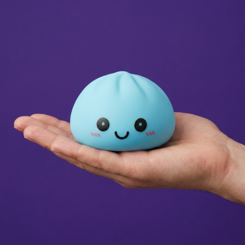 Dumpling Squishy -yövalo, Aurora-sininen kädessä, todellinen koko