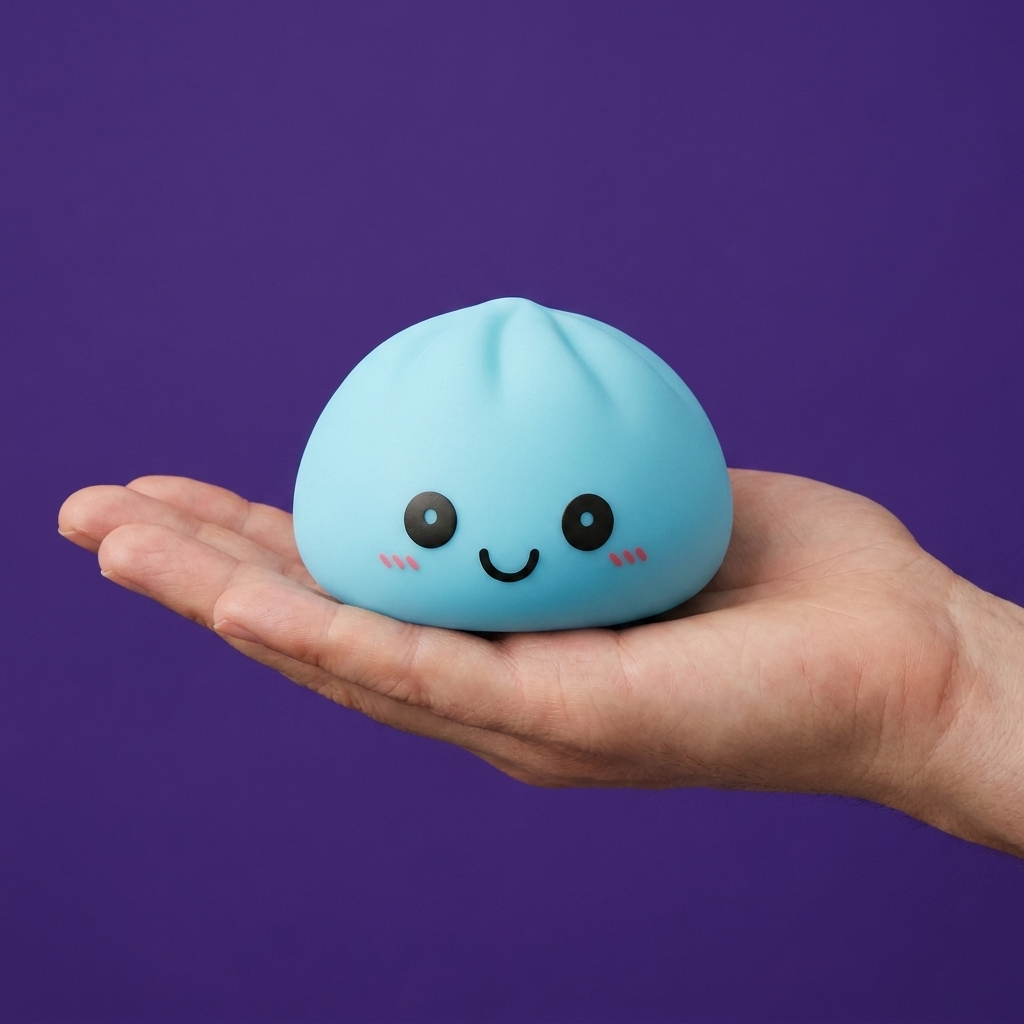 Dumpling Squishy -yövalo, Aurora-sininen kädessä, todellinen koko