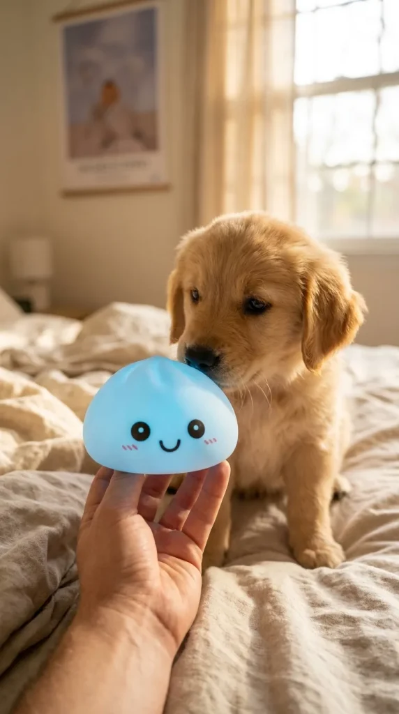 Dumpling Squishy -yövalo, Aurora-sininen ja lemmikki — asiakaskuva