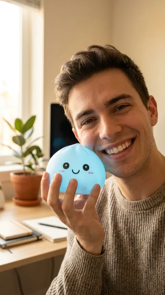 Dumpling Squishy -yövalo, Aurora-sininen kasvojen lähellä — asiakaskuva