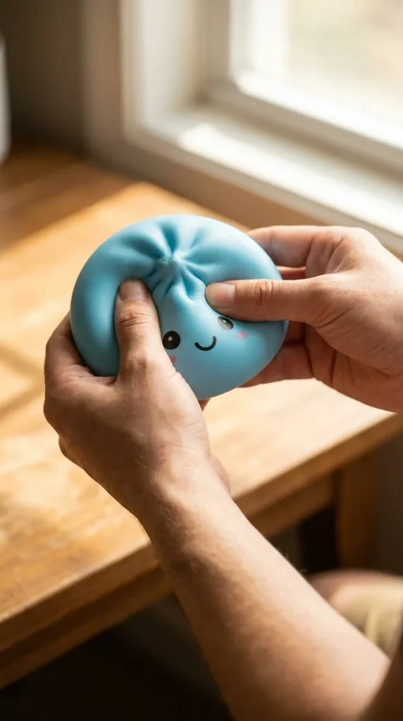 Dumpling Squishy -yövalo, Aurora-sininen sormien välissä — asiakaskuva