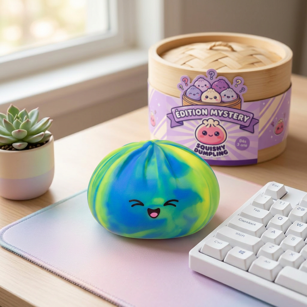 Rainbow Dumpling Squishy Värikäs Yllätys tunnelmakuvassa työpöydällä