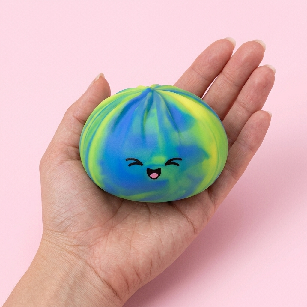 Rainbow Dumpling Squishy Värikäs Yllätys kädessä, todellinen koko