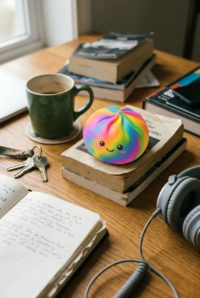 Rainbow Dumpling Squishy Värikäs Yllätys työpöydällä — asiakaskuva