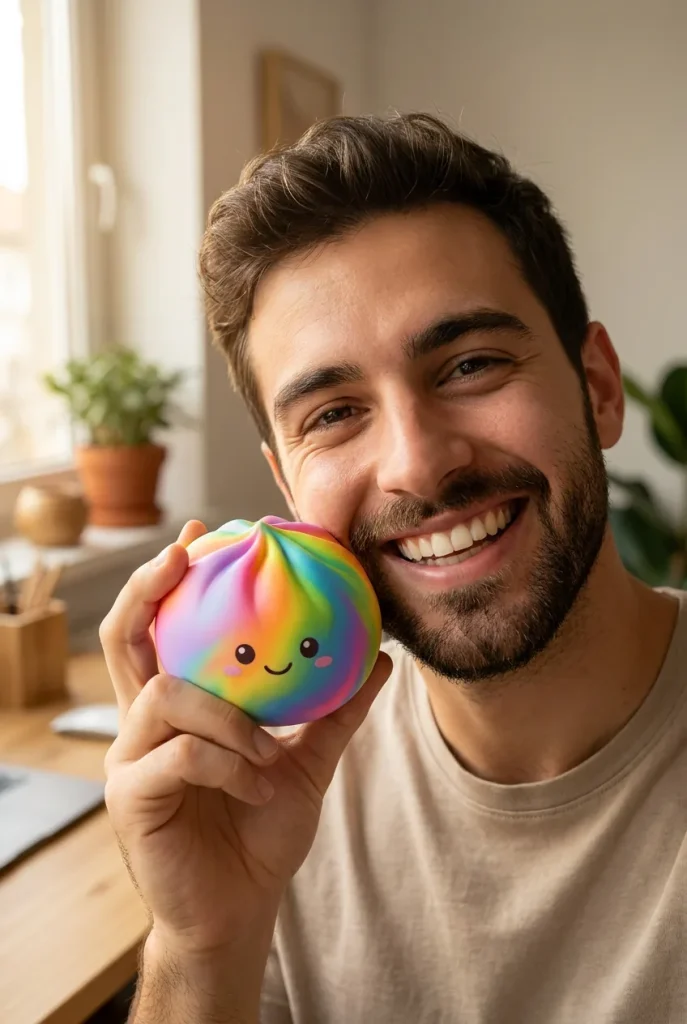 Rainbow Dumpling Squishy Värikäs Yllätys kasvojen lähellä — asiakaskuva