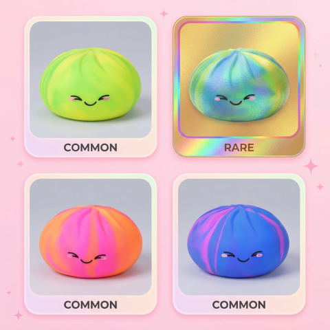 Rainbow Dumpling Squishy Värikäs Yllätys — harvinaisuustaulukko (yleinen, harvinainen, ultraharvinainen)