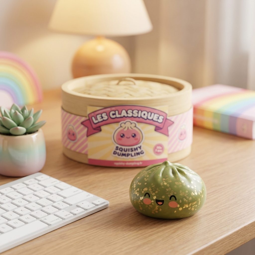 Dumpling Squishy Glitter Smaragdinvihreä tunnelmakuvassa työpöydällä