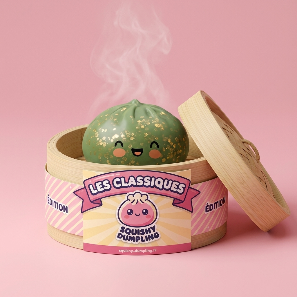 Dumpling Squishy Glitter Smaragdinvihreä bambutyylisessä höyrykorirasiassaan