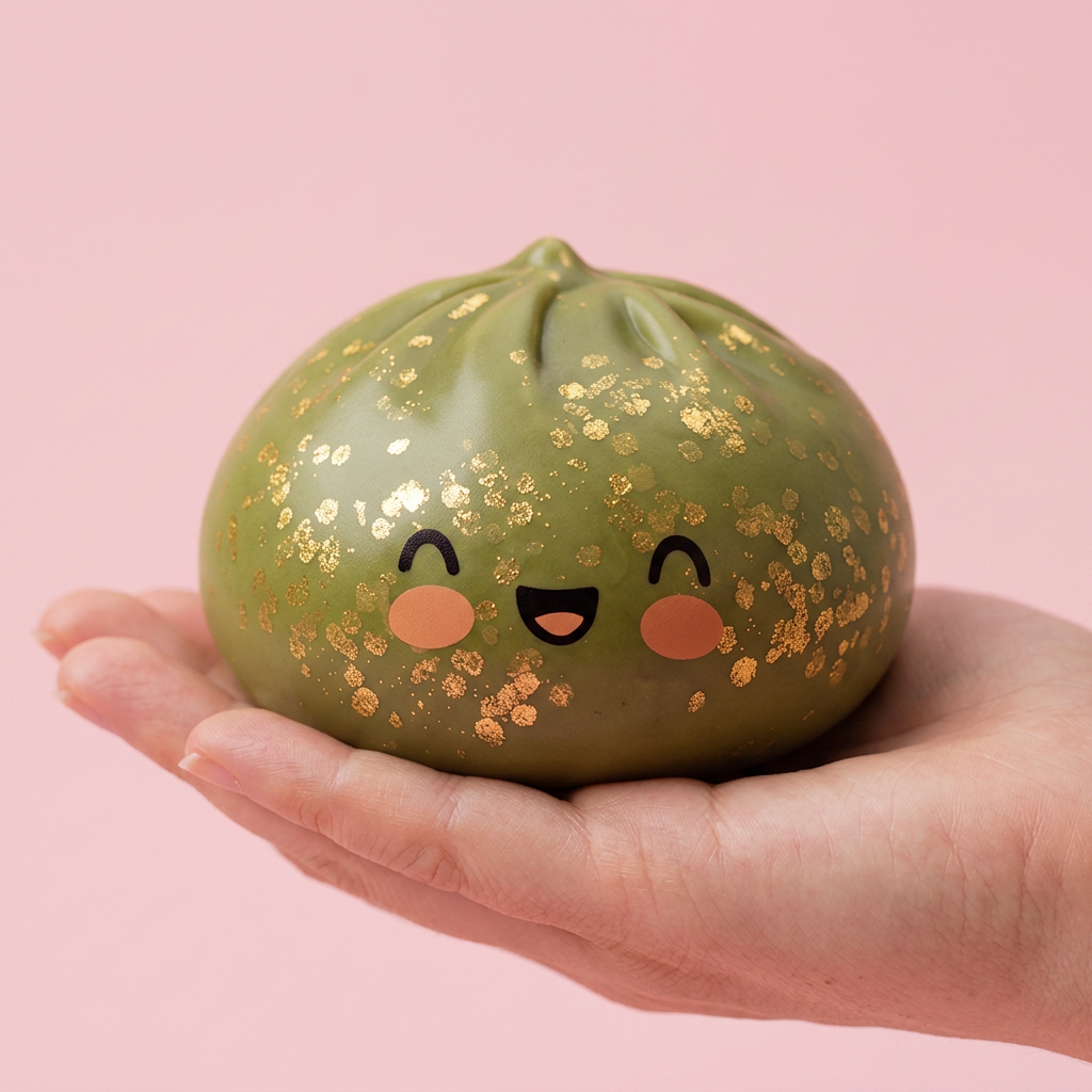 Dumpling Squishy Glitter Smaragdinvihreä kädessä, todellinen koko