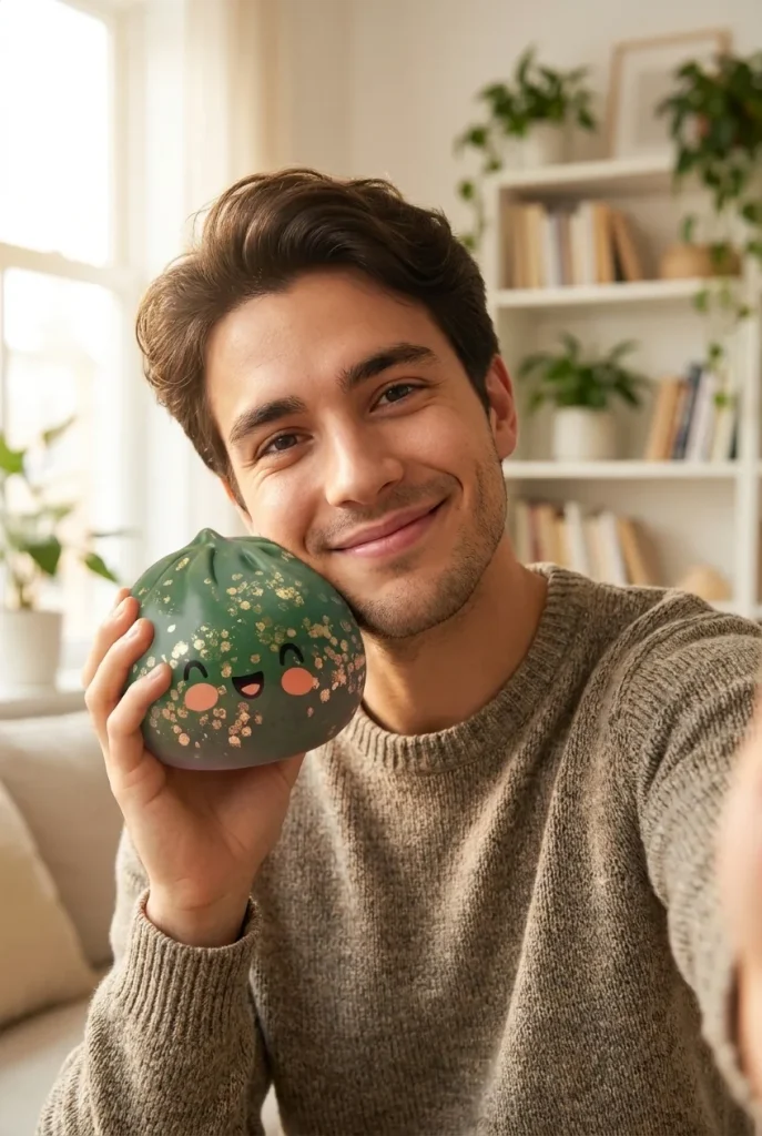 Dumpling Squishy Glitter Smaragdinvihreä kasvojen lähellä — asiakaskuva