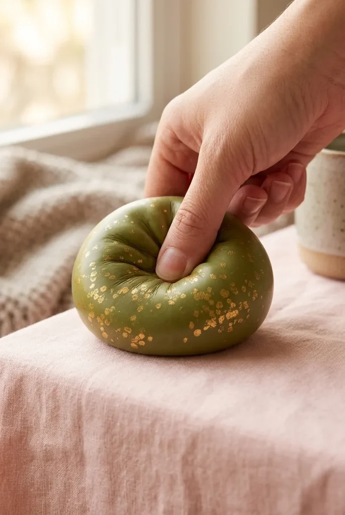 Dumpling Squishy Glitter Smaragdinvihreä sormien välissä — asiakaskuva
