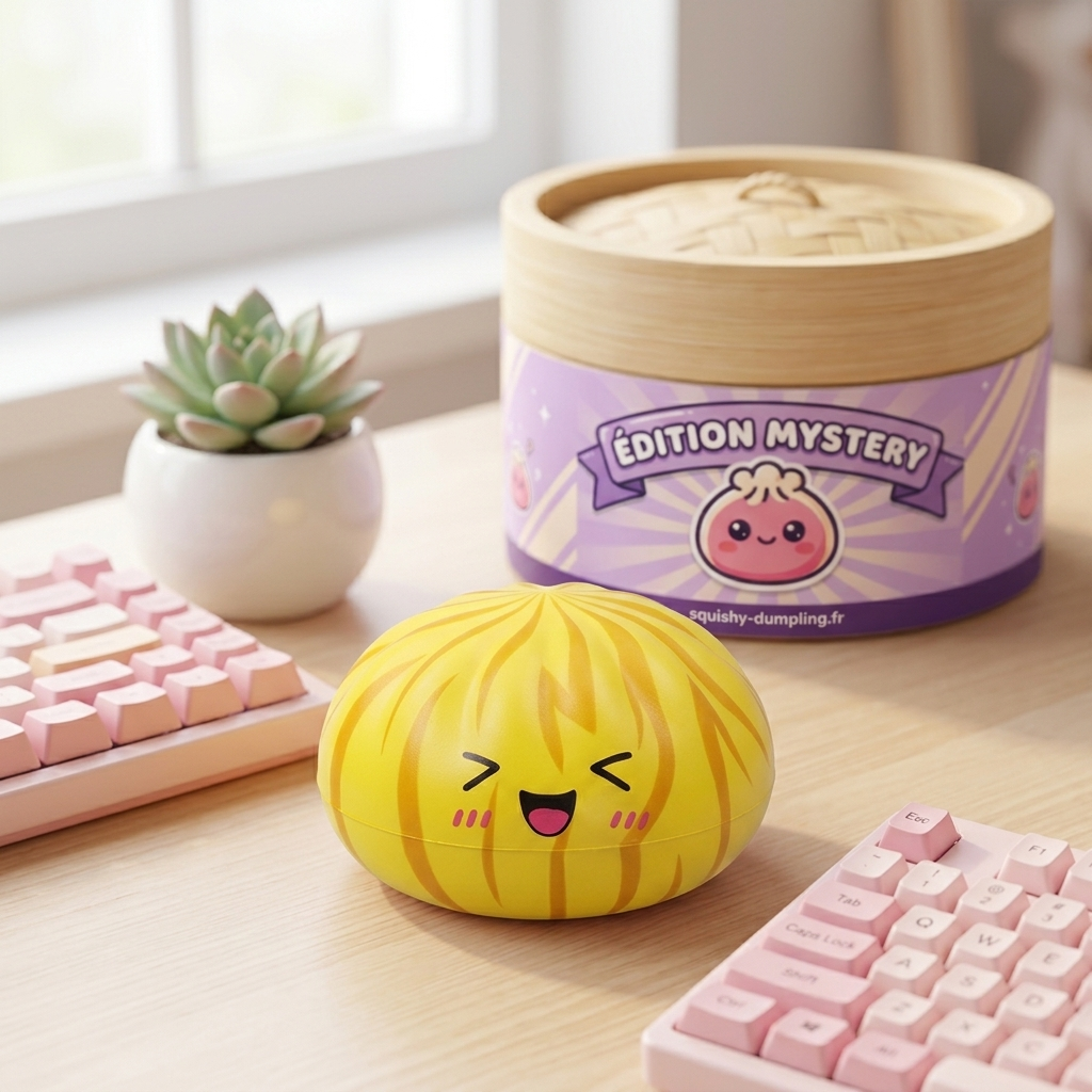 Dumpling Squishy Bun Mystery -yllätyspakkaus arkisessa asetelmassa