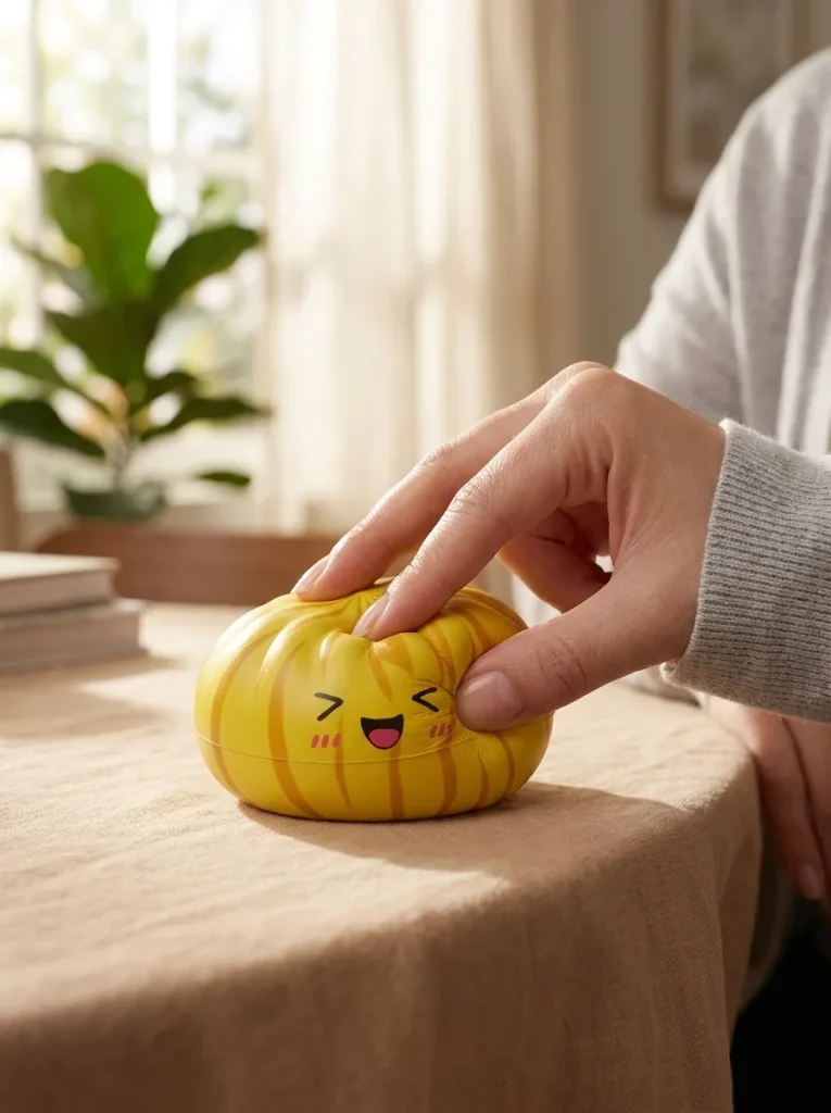 Dumpling Squishy Bun Mystery -yllätyspakkaus puristuksessa