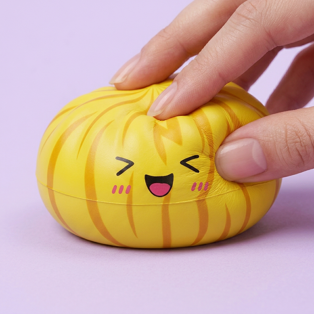 Dumpling Squishy Bun Mystery -yllätyspakkaus puristettuna kädessä