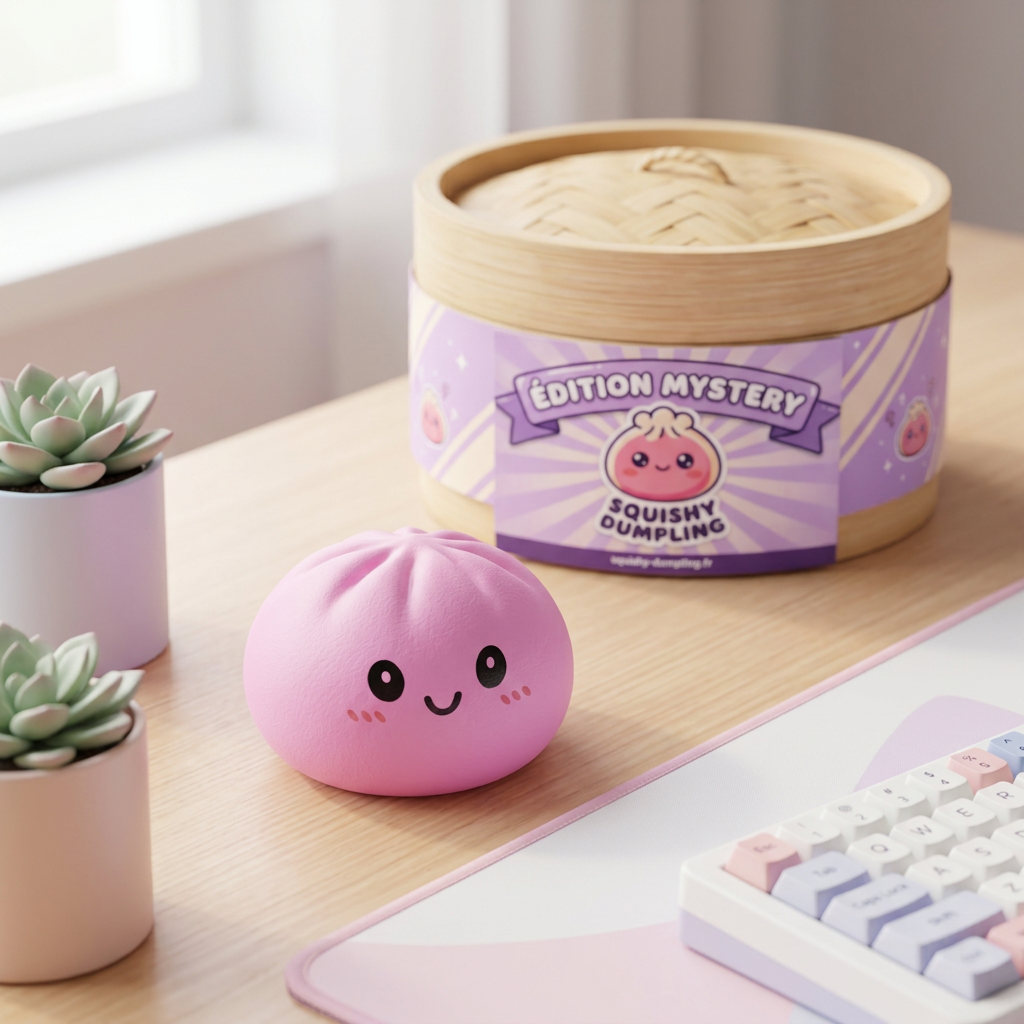 Dumpling Squishy Mystery Box Yllätyspakkaus arkisessa asetelmassa
