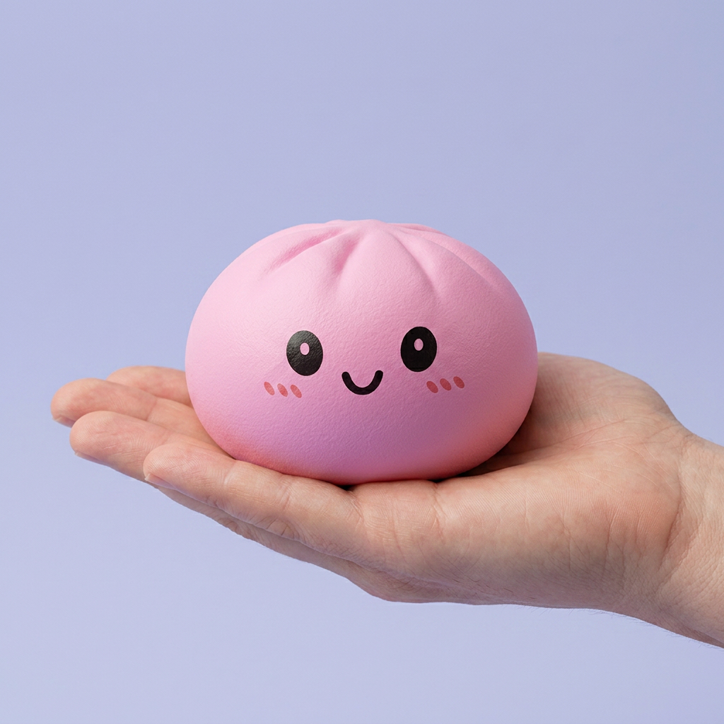 Dumpling Squishy Mystery Box Yllätyspakkaus kädessä — kokovertailu