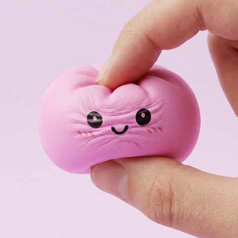 Dumpling Squishy Mystery Box Yllätyspakkaus puristettuna kädessä