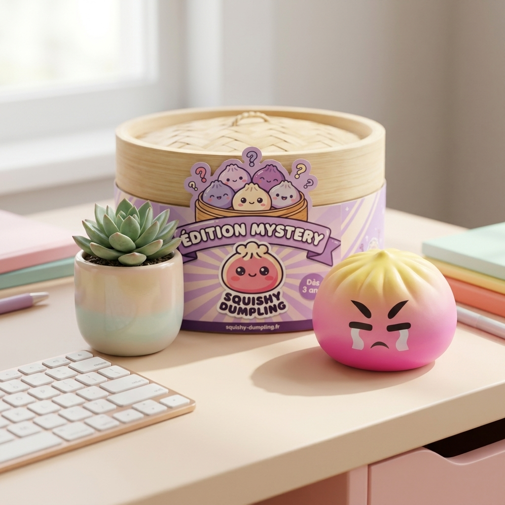 Dumpling Squishy Mystery Bun Yllätyspakkaus arkisessa asetelmassa