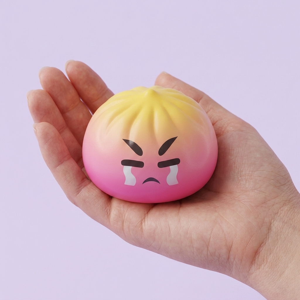 Dumpling Squishy Mystery Bun Yllätyspakkaus kädessä — kokovertailu