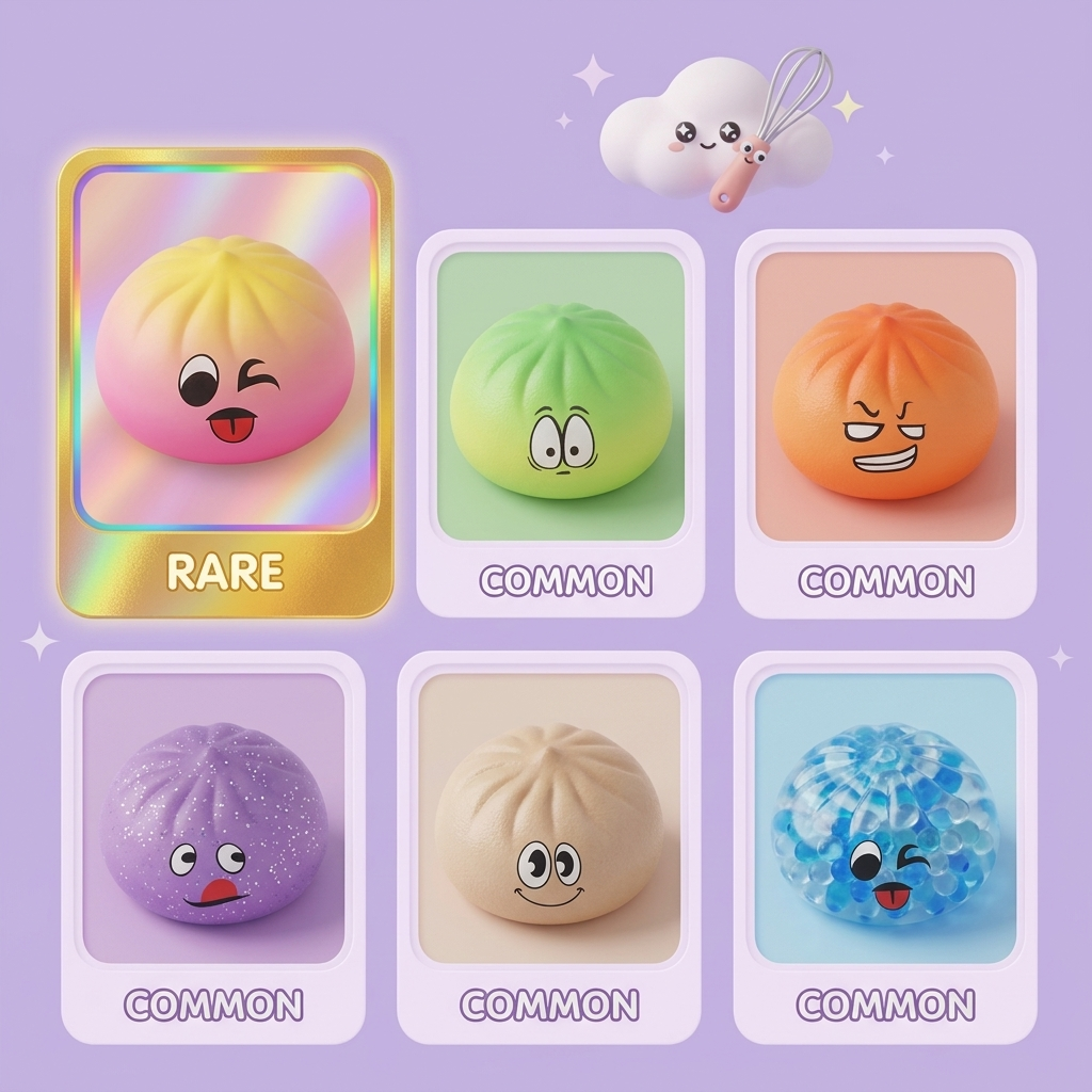Dumpling Squishy Mystery Bun Yllätyspakkaus puristettuna kädessä