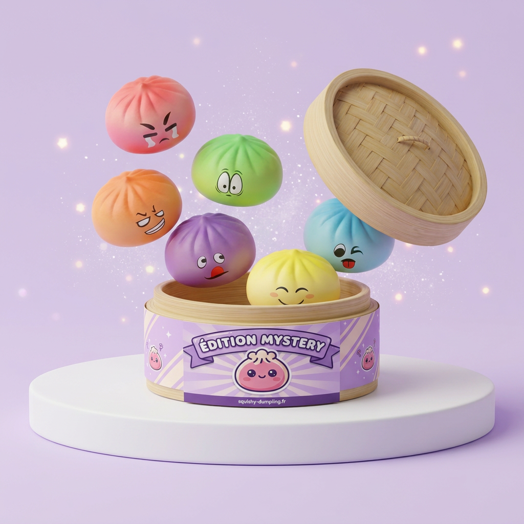 Dumpling Squishy Mystery Bun Yllätyspakkaus puristettuna kädessä