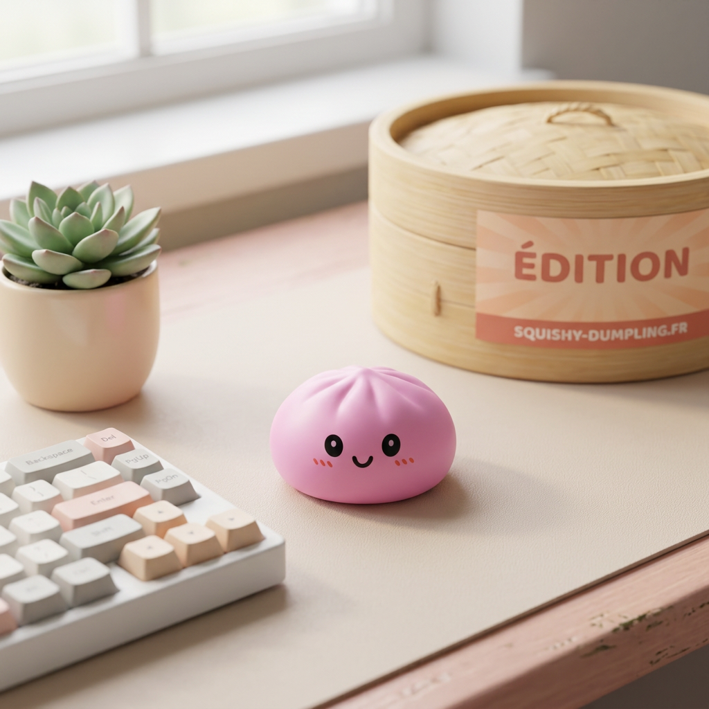 Dumpling Squishy Collection 6 kpl bambukoreissa tunnelmakuvassa työpöydällä