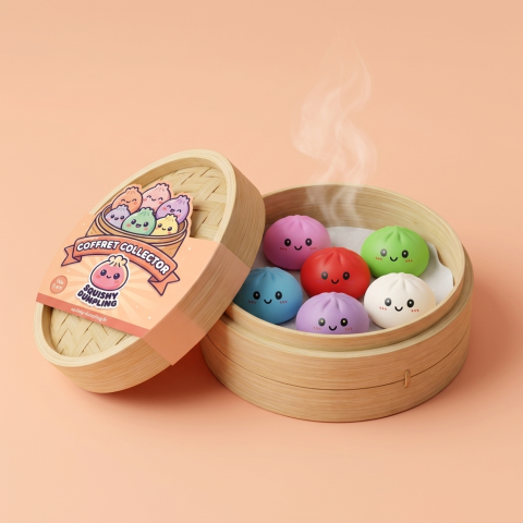 Dumpling Squishy Collection 6 kpl bambukoreissa bambutyylisessä höyrykorirasiassaan